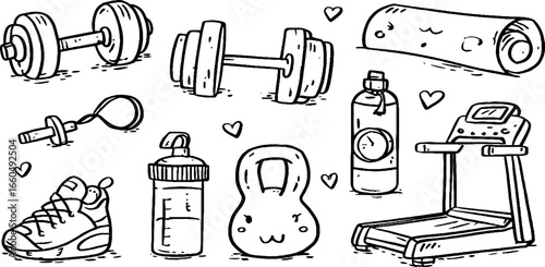 Doodle set of fitness equipment with dumbbells, barbells, and yoga mat for exercise design