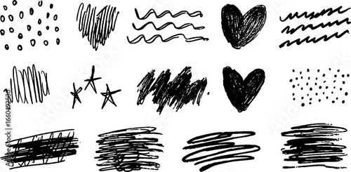 Creative doodle set featuring heart and star fill patterns with dots and stripes for art projects