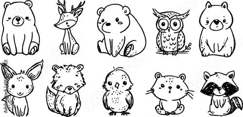 Charming doodle set of forest animals including bear and deer for kids' design