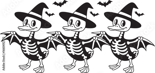 Three skeleton ducks in witch hats and bat wings halloween, halloween, duck, skeleton, witch hat, bat wings, spooky, funny, cute, cartoon, character, animal, holiday, celebration, autumn, trick or tre