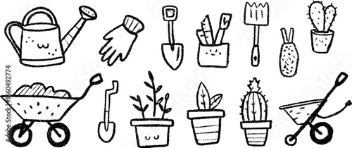 Charming gardening tools doodle set with watering can, gloves, and pots