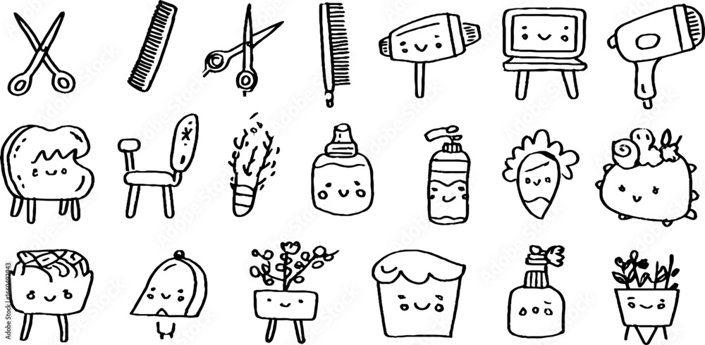 Obraz premium Cute doodle set of hair salon tools and accessories with playful characters