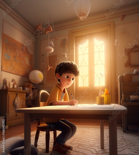 A young boy sitting at a table, sketching in a sunlit room filled with artistic elements.