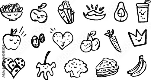 Hand drawn doodle set of healthy food: salad, apple, avocado, and more for design or poster