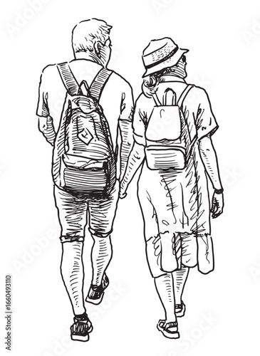 Couple elderly spouses tourists with backpacks in summer vacation walking outdoors, back view, realistic sketch on white background