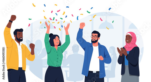 Successful Diverse Team Celebrating With Confetti In Modern Workplace