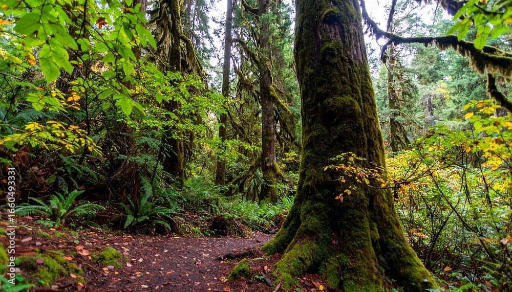 Naklejka premium Lush forest path in autumn