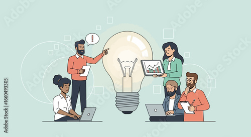 Team Brainstorming New Ideas Around a Glowing Light Bulb