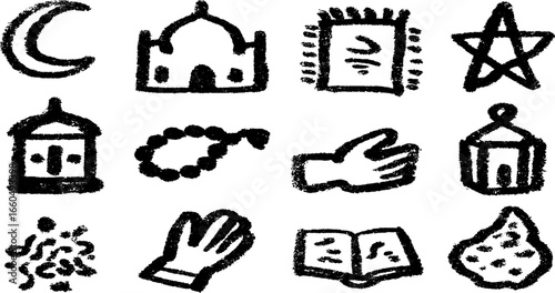 Islamic icons doodle set with crescent moon and star for celebratory designs