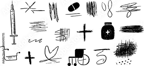 Hand drawn medical doodle set with syringe pill bottle and wheelchair elements for creative designs