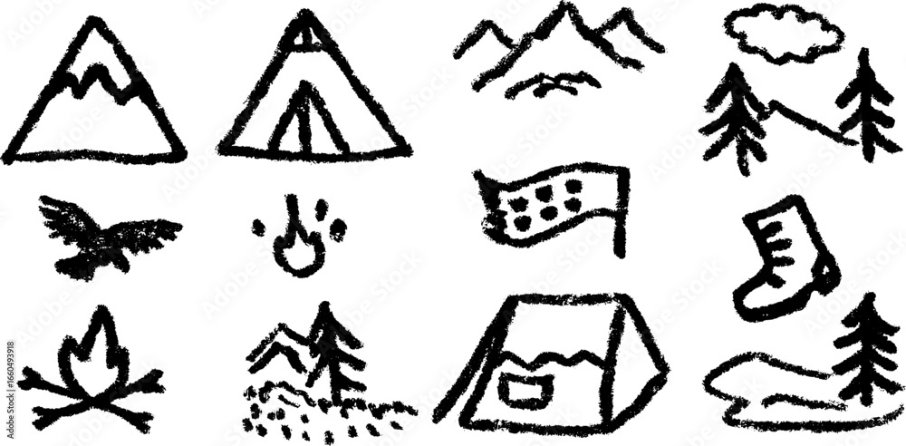 Fototapeta premium Hand drawn doodle set of mountain adventure icons including peaks, glacier, and camping elements