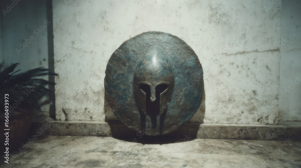 Fototapeta premium Ancient Greek Spartan helmet artifact on concrete floor. Archaeological discovery of classical military equipment. Historical relic from antiquity. Museum exhibition piece.