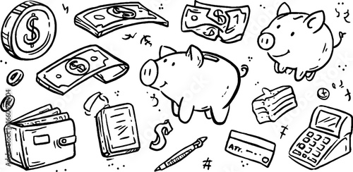 Hand drawn doodle set of money elements with coins, banknotes, wallet, and piggy bank for financial designs