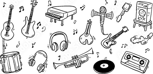 Musical instrument doodle set with guitar microphone piano headphones and more
