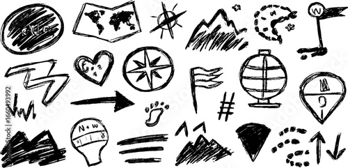 Hand drawn navigation icon collection with maps, pins, and compass elements