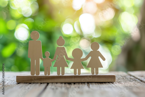 Wooden Family Silhouette with Parents and Children Outdoors, Family Unity Concept with Wooden Cutout on Natural Background