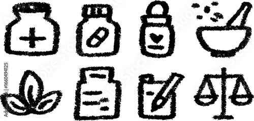 Hand drawn pharmacy icon set with pill bottle and medical symbols