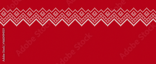 Christmas print border. Red Xmas seamless ornament. Fair isle traditional holiday background. Knitted geometrical pattern. Festive sweater. Vector illustration.