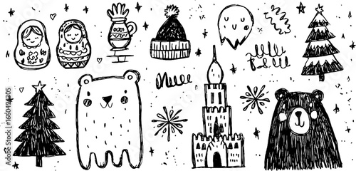 Russian icons doodle set featuring matryoshka, samovar, and winter illustrations