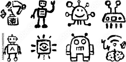 Whimsical robotics icons set: playful doodle collection featuring robot arm and humanoid