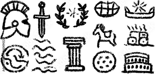 Hand drawn doodle set of roman icons featuring helmet, shield, and historical elements for creative design