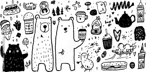 Whimsical russian doodle set featuring matryoshka, samovar, and bears for creative designs