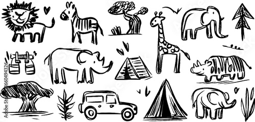 Safari adventure doodle set with animals and nature icons for creative design