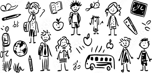 Whimsical doodle set of school kids and educational elements for creative design