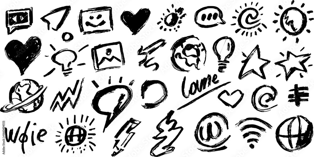 Fototapeta premium Creative doodle set of social media icons with like and share symbols for digital design