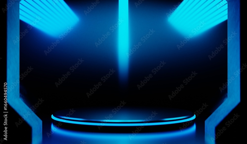 Naklejka premium 3d illustration rendering of y2k 2000s gaming technology futuristic fantasy metaverse cyberpunk sci-fi display podium pedestal stage room abstract background in neon-glow
