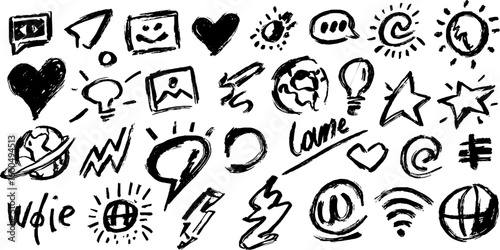 Creative doodle set of social media icons with like and share symbols for digital design