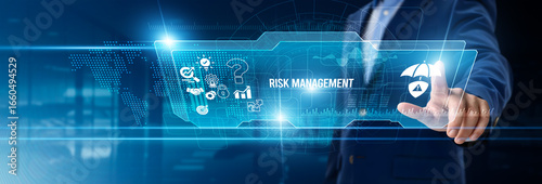 Behang Businessman touching risk management on digital screen, financial analysis, comp