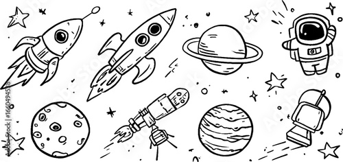 Playful doodle set of space adventure with astronaut and rockets for kids' design