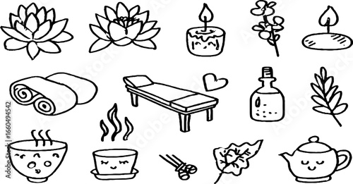 Hand drawn spa doodle set with lotus flower, candle, and relaxation icons for wellness design
