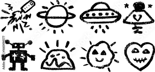 Playful doodle set of space war elements with spaceships and laser guns for creative designs