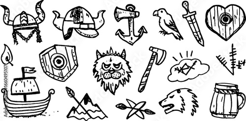 Viking icon doodle set featuring axe, shield, and longship for design projects
