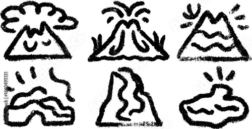 Hand drawn doodle set of volcano icons with eruption and lava flow