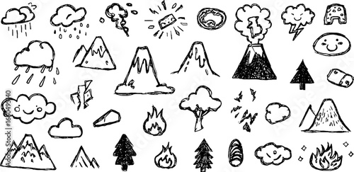 Hand drawn doodle set of volcano and nature icons with lava, clouds, and trees