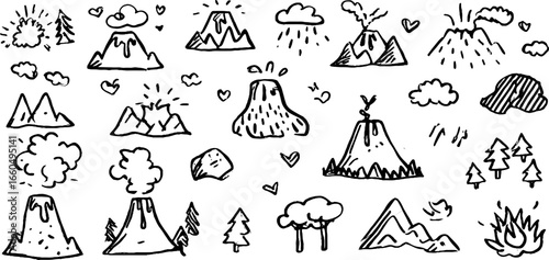 Playful doodle set of volcano and lava icons with trees and clouds for design projects