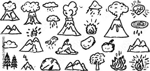 Doodle set of volcano icons with erupting lava and nature elements