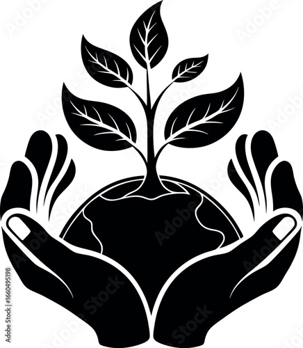 Black silhouette of a hand holding a tree with a butterfly, nature, and floral decorations, perfect for a tattoo or logo design