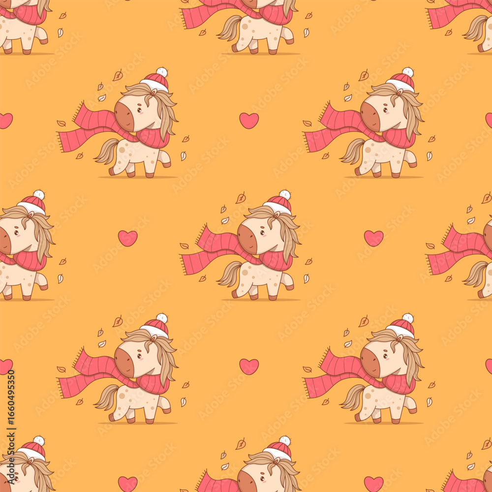 Obraz premium Seamless pattern with Cute Autumn Horse with Fall Leaves on orange background. Funny seasonal Animal character in red Hat and Scarf. Vector illustration. Kids collection. Not AI