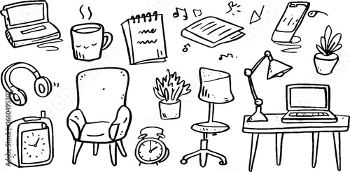 Work from home doodle set with laptop, coffee mug, and office essentials