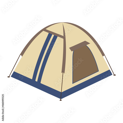 Colorful illustration of a tan and blue dome camping tent with a window shelter outdoor