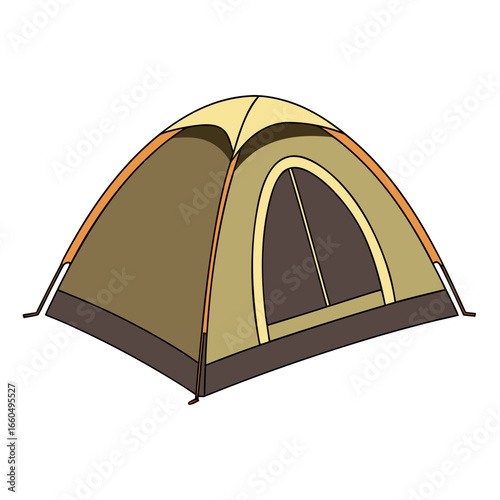 Brown and yellow dome camping tent illustration with orange accents and a window shelter outdoor
