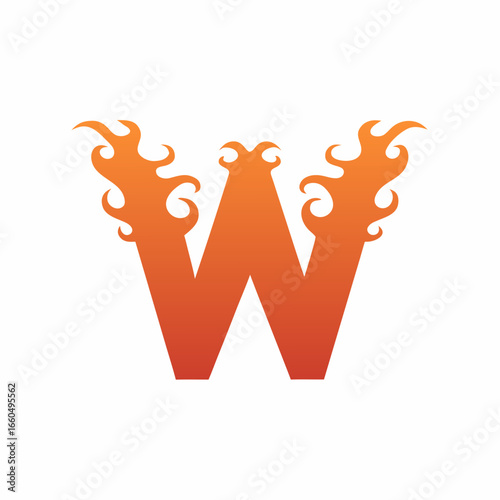 Letter W with orange flame design on a white background alphabet uppercase