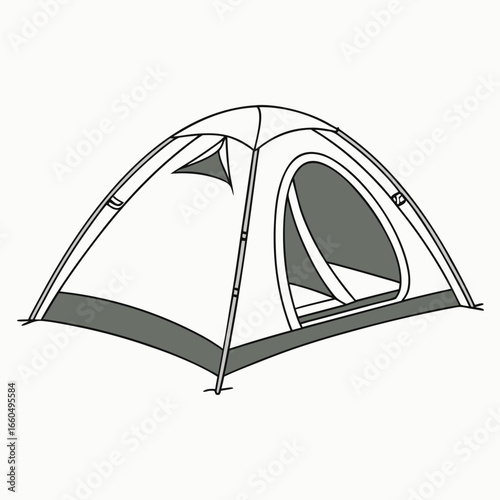 Outline illustration of a grey and white dome camping tent with an open entrance shelter outdoor
