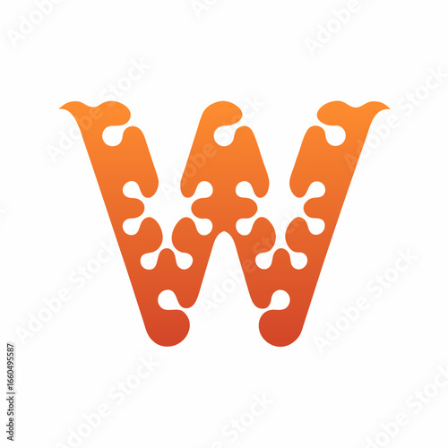 Orange gradient letter W formed from puzzle pieces on a white background alphabet uppercase