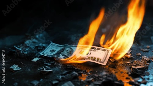 Watch as cash ignites amidst dark ashes. This video evokes strong emotions around money and loss. A powerful visual representation of financial waste. AI