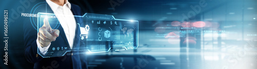 Businessman touching procurement management on digital screen. strategic sourcing, vendor optimization, cost reduction, digital contracts, supply efficiency, process automation, global logistics